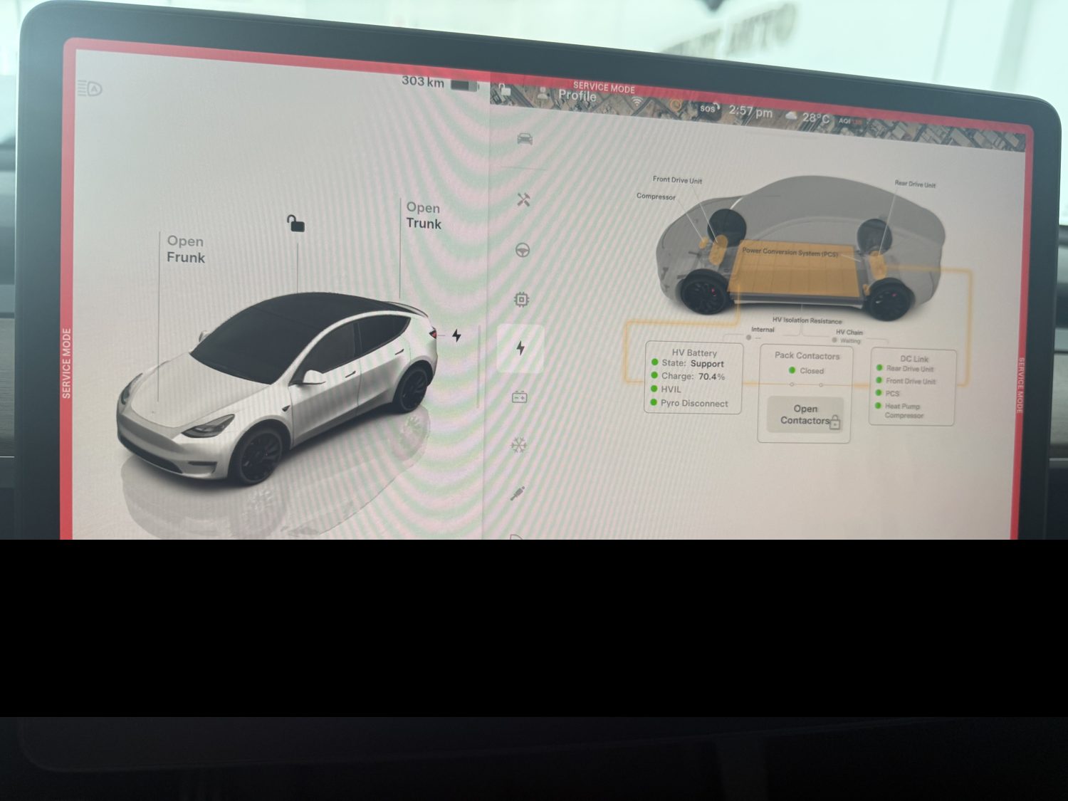 Tesla Service Mode high-voltage battery overview with pack state, contactors, and component status all green