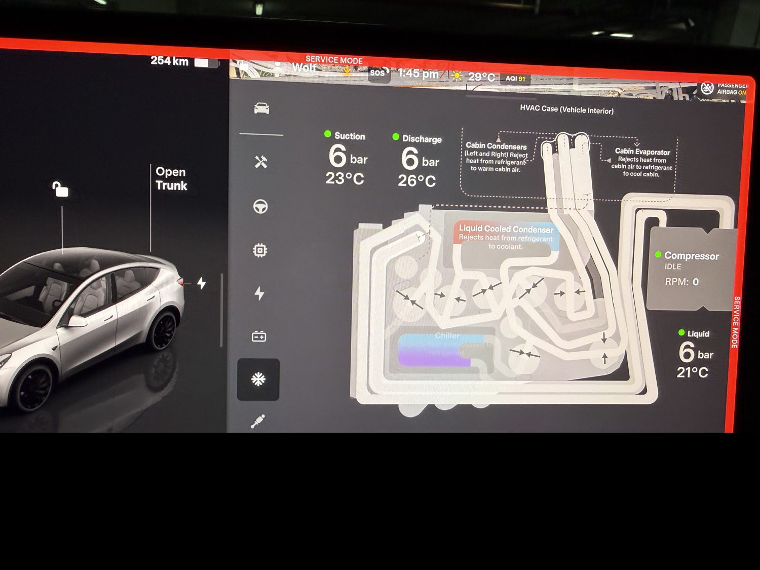 Tesla Service Mode HVAC and thermal page with the octovalve coolant routing animated and loop temperatures shown