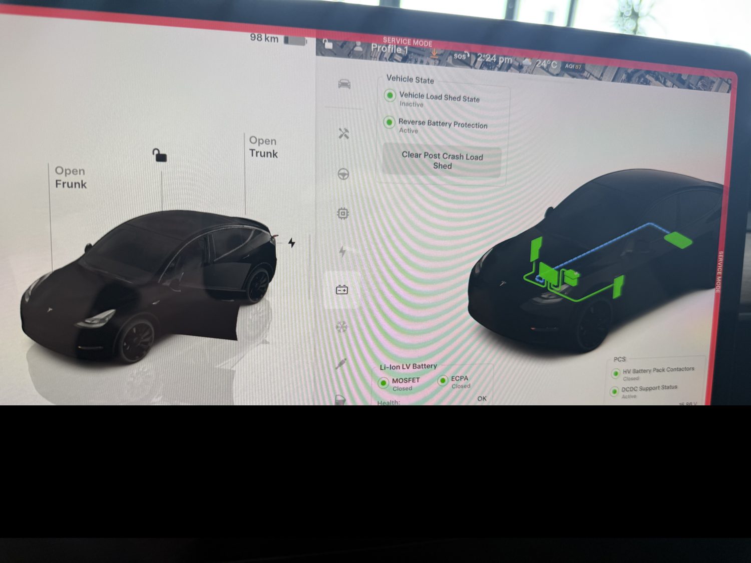 Tesla Service Mode low-voltage battery view with the 16-volt lithium pack location highlighted under the frunk