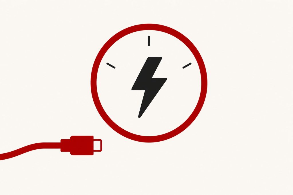 A dark-red charging cable ends in a gauge-like circular loop with a charcoal lightning bolt inside and thin tick marks around it