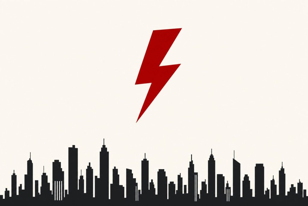 An abstract city skyline with a red lightning bolt above it