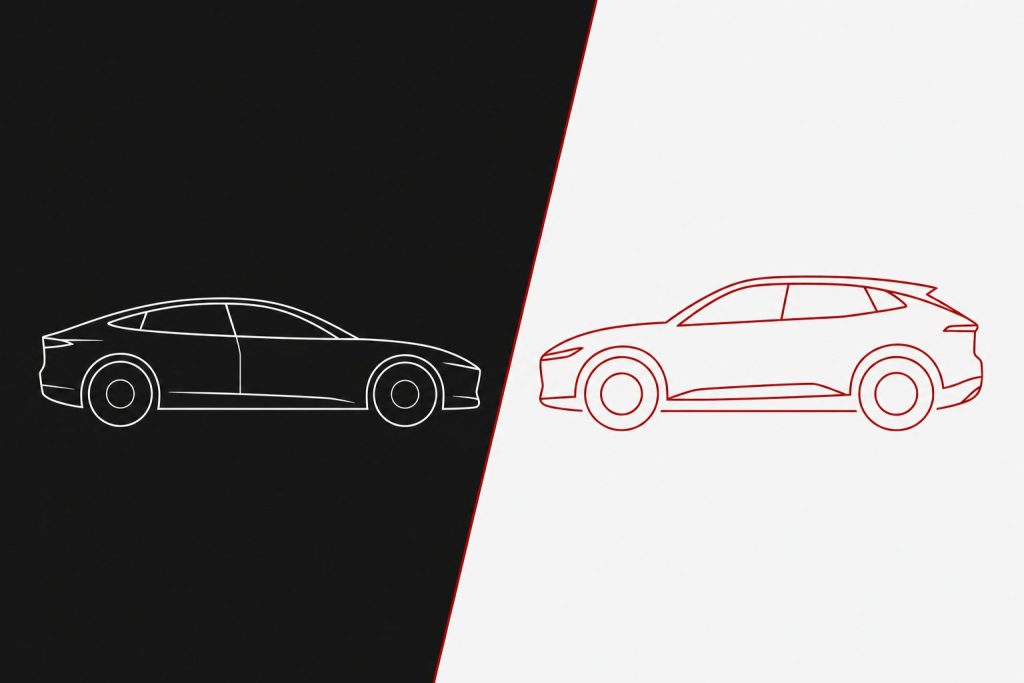 Two electric car silhouettes face each other across a charcoal and off-white split, a sedan and a crossover in line art