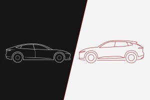 Two electric car silhouettes face each other across a charcoal and off-white split, a sedan and a crossover in line art