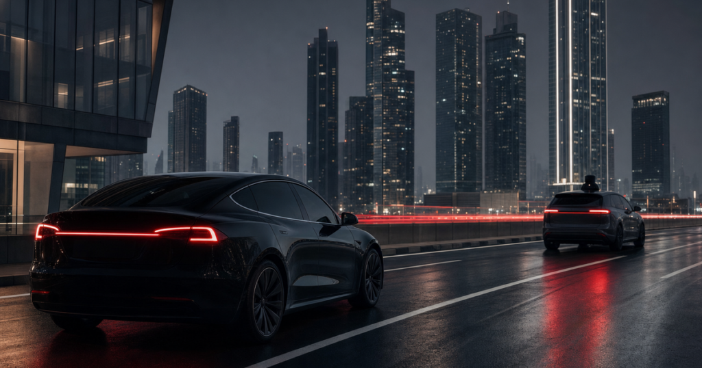 Night Dubai urban road: charcoal private Tesla-like sedan with brand-red taillight bar in the foreground, a generic roof-sensor autonomous taxi silhouette further ahead, no plates, people, palms, or text
