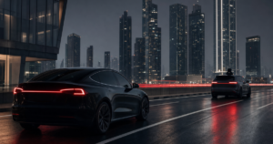 Night Dubai urban road: charcoal private Tesla-like sedan with brand-red taillight bar in the foreground, a generic roof-sensor autonomous taxi silhouette further ahead, no plates, people, palms, or text