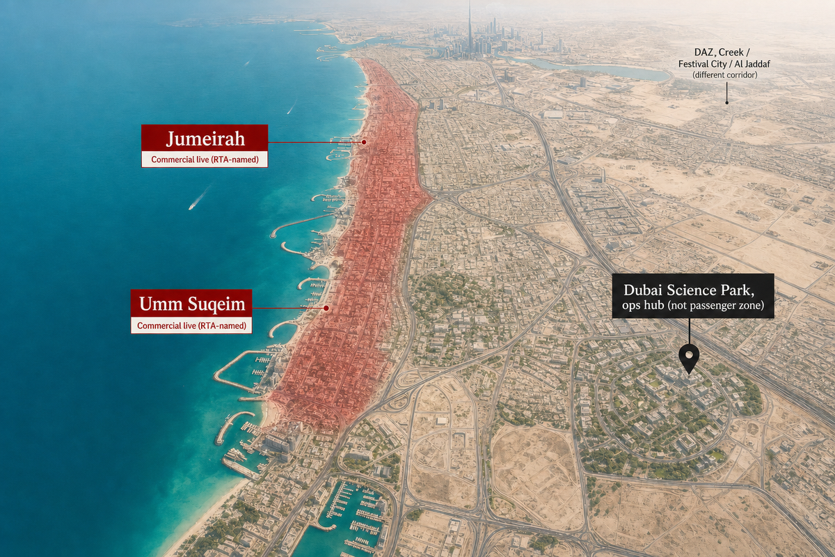 Editorial map of Dubai coastal districts Umm Suqeim and Jumeirah marked as RTA-named commercial robotaxi neighborhoods, with Dubai Science Park ops pin and a separate DAZ corridor callout