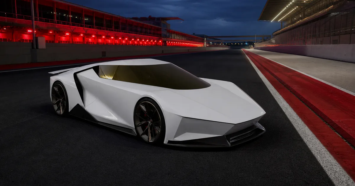 New Tesla Roadster in white on a floodlit race track pit straight at dusk