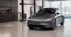 A grey Tesla Model Y in a service bay with a lift and tool cabinets