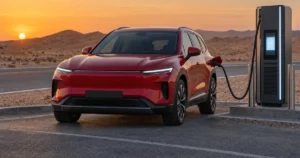 A red electric SUV charging beside a desert highway at dusk